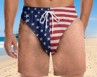 Custom Funny Patriotic Men's Swim Trunks, Personalized American Flag Swim Shorts, Summer Vacation Gift for Dad, Husband