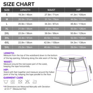 May include: A size chart for shorts featuring a table with sizes S through 5XL, listing length, waist, and hip measurements in inches and centimeters. Includes a diagram illustrating how to measure length, waist, and hip, plus garment care icons.