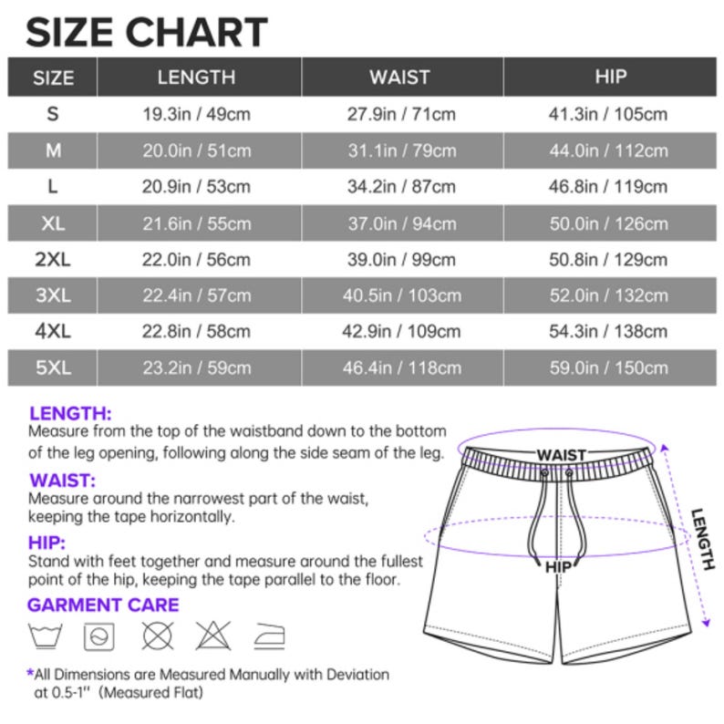 May include: A size chart for shorts featuring a table with sizes S through 5XL, listing length, waist, and hip measurements in inches and centimeters. Includes a diagram illustrating how to measure length, waist, and hip, plus garment care icons.