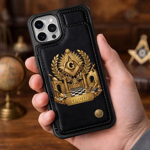 Personalized Masonic Wallet Phone Case With Name, Freemason Gold Relief Leather Flip Case, Gift For Freemasons