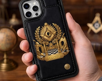 Personalized Masonic Wallet Phone Case With Name, Freemason Gold Relief Leather Flip Case, Gift For Freemasons