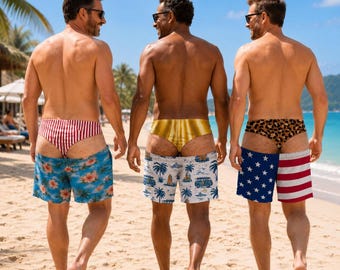 Custom Funny Patriotic Swim Trunks, Personalized Warning Wide Load Shorts, USA Flag Beach Shorts Gift for Husband Dad Grandpa