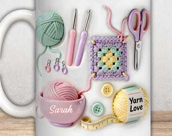 Personalized Crochet Mug with Name, Love Crocheting Coffee Mug, Handmade Craft Mug, Gift for Crocheters, Yarn Lover Gift