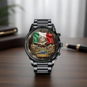 May include: A black wristwatch with a brown face featuring the Italian flag and the name "JACOB". The watch has a stainless steel band and a detailed design of Italian landmarks.