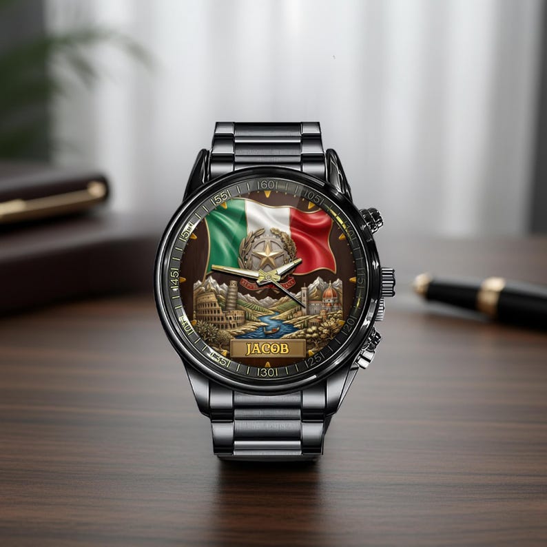 May include: A black wristwatch with a brown face featuring the Italian flag and the name "JACOB". The watch has a stainless steel band and a detailed design of Italian landmarks.