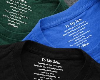 Never Forget That I Love You Personalized Shirt For Son, Custom Inside Neck Message T Shirt, Birthday Gift From Mom To Son