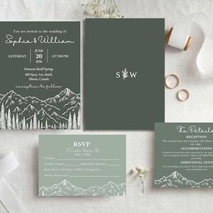 May include: A green wedding invitation suite with a mountain and forest illustration. The invitation includes the names "Sophia & William", date, time, and location. RSVP and details cards are also included.