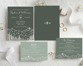 May include: Wedding invitation suite in shades of green, featuring a mountain and forest design. The invitation includes the names "Sophia & William", date, time, and location. RSVP and details cards are also included.