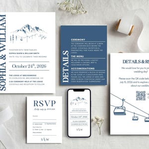 May include: A navy blue and white wedding stationery set with a mountain and ski lift theme. The suite includes an invitation, details card, RSVP card, and a phone mockup. The wedding date is October 24th, 2026.