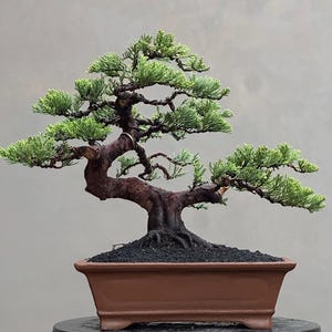 Op de afbeelding: Een zorgvuldig vervaardigde bonsai-boom in een rechthoekige bruine pot. De boom heeft een dikke, donkerbruine stam en takken met heldergroene bladeren. De grond is bedekt met zwarte kiezels en de achtergrond is neutraal grijs.
