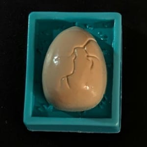 May include: A light brown egg with a crack in it, sitting in a turquoise blue silicone mold.