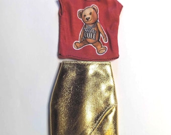 Supplies - Factory doll clothes - Barbie, Fashionista 71 - teddy bear shirt and gold skirt - for customizing dolls, etc