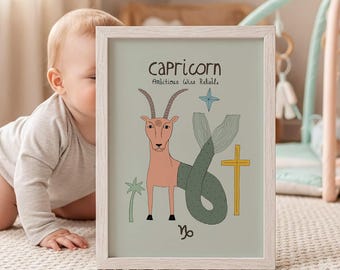 Capricorn zodiac print, green boho nursery artwork, star sign poster (physical print)