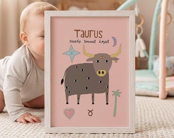 Taurus pink nursery print, star sign gift, baby girl zodiac poster (Physical Print)