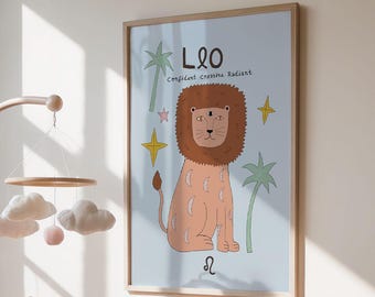 leo zodiac artwork, blue lion print, stars signs poster, artful baby gift
