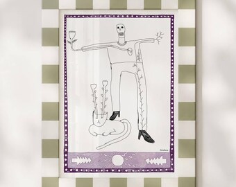 Skeleton Line Drawing Artwork, Mystical Folk Art Wall Decor (Physical Print)