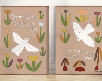 Birds Tulips Spring Wall Art Set, Minimalist Scandinavian Prints