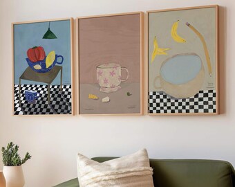Modern kitchen art prints, Set of 3, Gallery wall posters, Hand-drawn illustrations