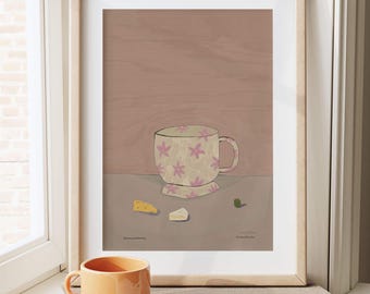 Flower cup and cheese kitchen print, food and drink poster, Scandi cafe art