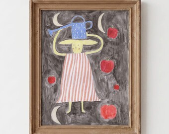 Bunny print with moons and apples, whimsical nursery decor, hand-drawn artwork (Unframed)