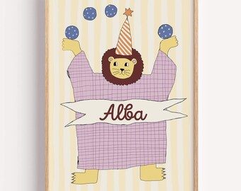 Circus lion print, animal name poster, colourful kids' room decor - CUSTOMIZABLE (Physical Print)