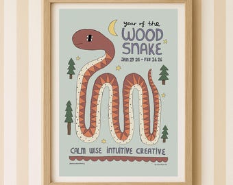 Year of The Wood Snake 2025, Lunar Zodiac Poster, Chinese Astrology, Horoscope Nursery Art Print