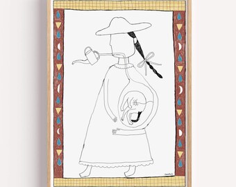 Mystical pregnant woman artwork, Minimalist line drawing, Modern folk art (Physical Print)