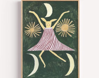 Sun and moon art print, whimsical hand-drawn artwork, bunny in striped dress (Unframed)
