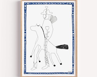 Folk Art Horse Cowboy Print, Blue Floral Border, Modern Western Decor (Physical Print)
