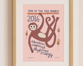Fire Monkey 2016 or 1956 Print – Personalized Chinese Zodiac Birthday Poster