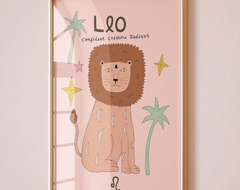 Pink lion print, leo zodiac gift, playful art print, pastel nursery decoration