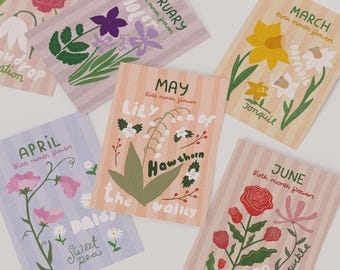 Birth Month Flower Card Set of 3 - Pick Any Months, Birthday Personalised Greeting Card