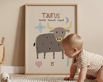 Taurus beige star sign poster, gender neutral baby gift, zodiac artwork (Physical Print)
