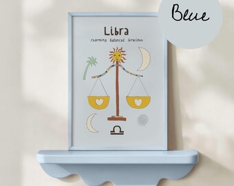 Libra Zodiac print blue, boy's room decor, astrology art poster (Physical Print)