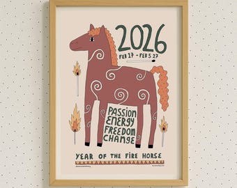 Fire Horse 2026 Poster – Chinese Zodiac Art Print – Green with spirals