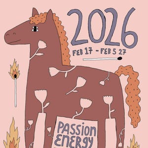 Close up of the Fire horse art print, illustrated poster in pink
