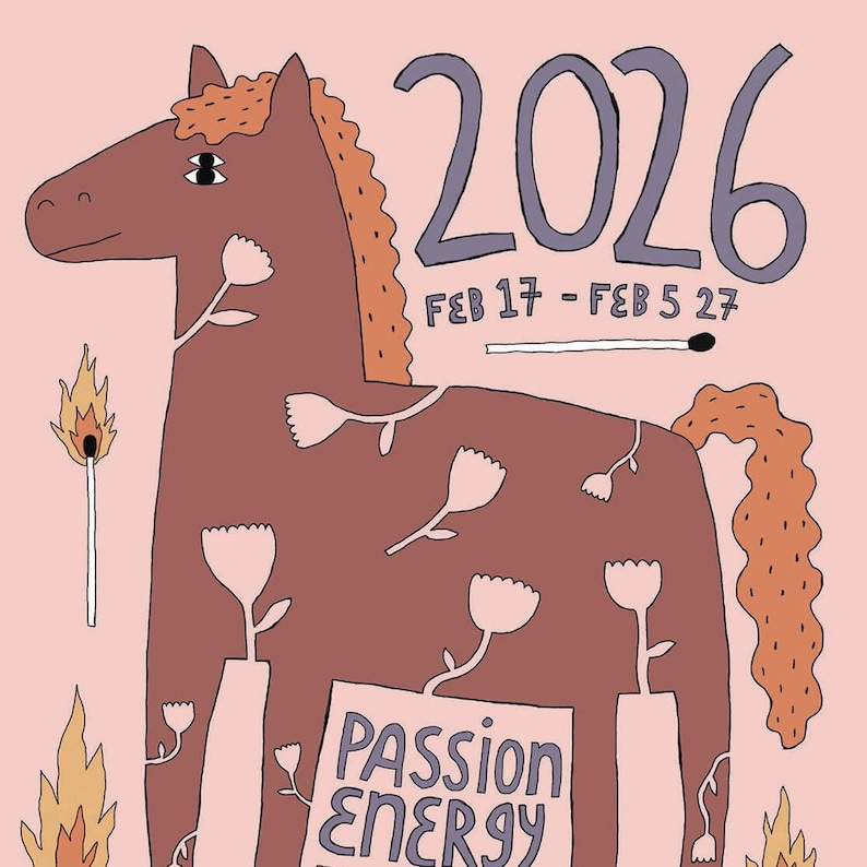 Close up of the Fire horse art print, illustrated poster in pink
