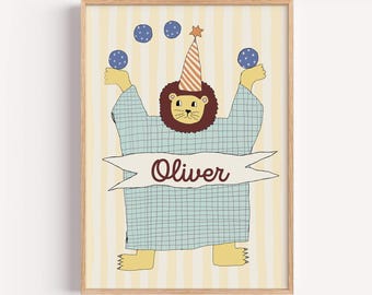 Blue lion print, circus animal poster, colourful kids' room decor - CUSTOMIZABLE (Physical Print)