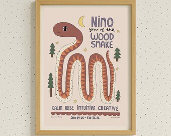 Personalized Year of The Wood Snake 2025, Lunar Zodiac Poster, Chinese Astrology, Horoscope Nursery Print