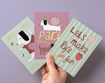 Set of 3 dog greeting cards, kids' birthday, striped print, colourful mini prints