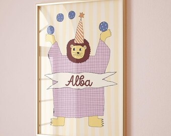 Circus lion print, animal name poster, colourful kids' room decor - CUSTOMIZABLE (Physical Print)