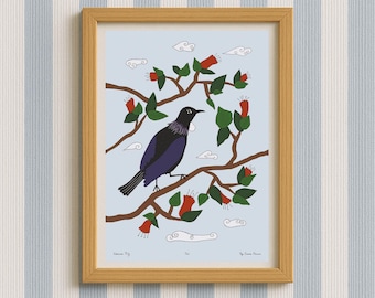 Tui art print, NZ wildlife illustrated poster, Whimsical bird drawing, Made in New Zealand