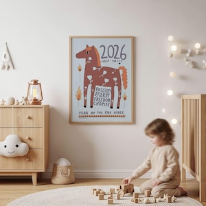 May include: A framed wall art print featuring a brown horse illustration on a light blue background. The text reads 2026, FEB 17 - FEB 5 27, PASSION ENERGY FREEDOM CHANGE, and YEAR OF THE FIRE HORSE, accompanied by small flame and flower graphics.