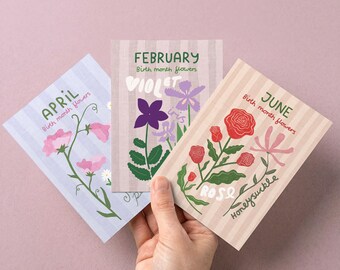 Birth Month Flowers - Set of 3 greeting cards - Handmade in New Zealand