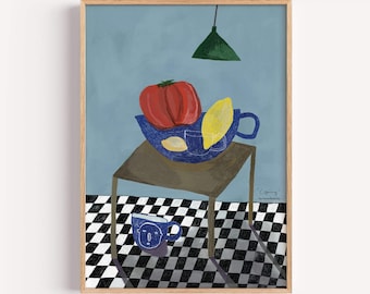 Tomato and lemon print, checkered kitchen wall art