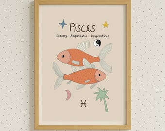 Pisces baby gift, gender neutral nursery art print, boho decor, zodiac artwork (Physical Print)