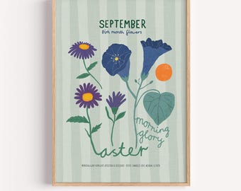 September geboortemaand bloemen, Aster and Morning Glory Art Print, geïllustreerde bloemposter