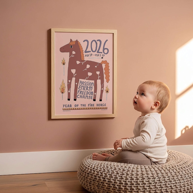 Fire horse art print framed on beige baby nursery wall