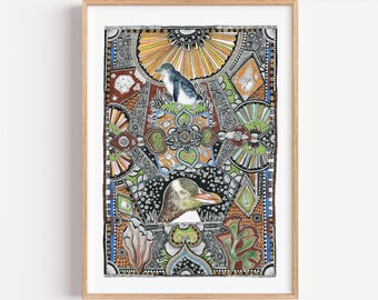 Penguin Mandala Art Print | New Zealand Nature, Signed Limited Edition