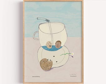 Cup and cookie kitchen print, whimsical home decor, funny cafe poster